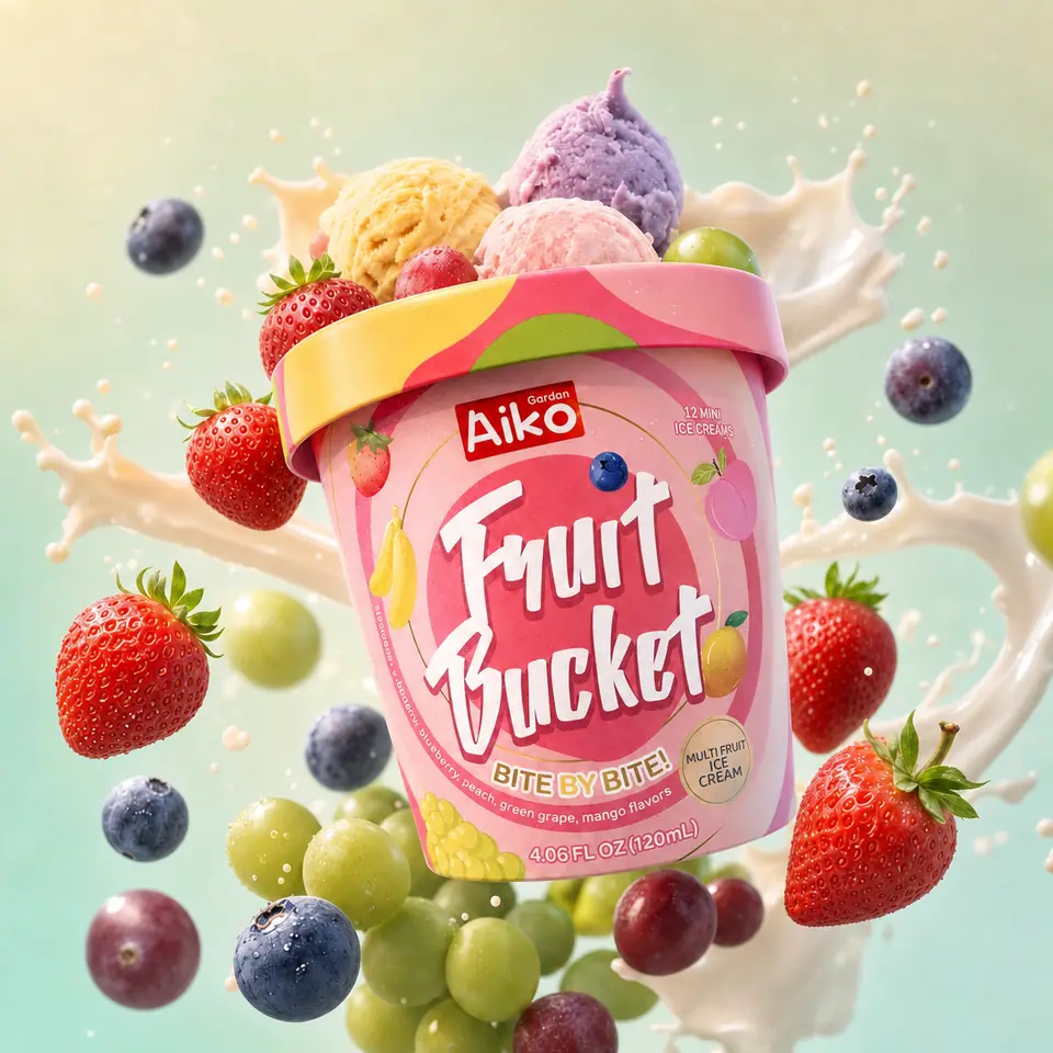 Aiko fruit bucket ice cream product with berries and cream