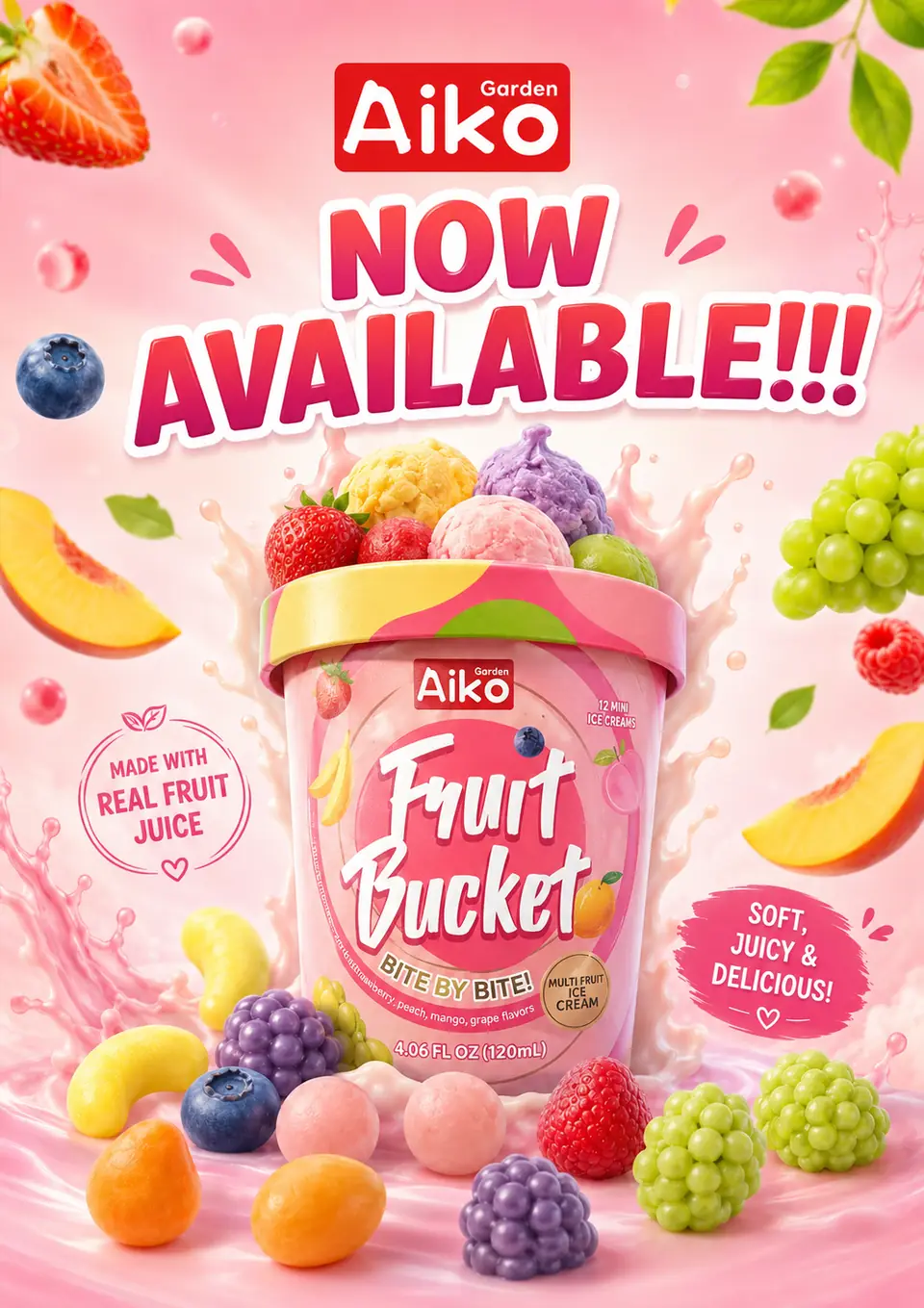 Aiko Garden 3D fruit ice cream — strawberry, grape, mandarin and peach novelty frozen desserts, Asian wholesale